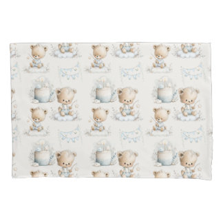 children's party with a teddy bear and cake pillowcase