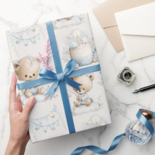 children's party with a teddy bear and cake wrapping paper