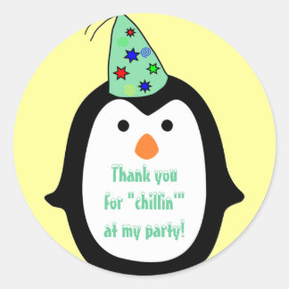 Childrens Penguin Wearing Party Hat Birthday Favou Classic Round Sticker