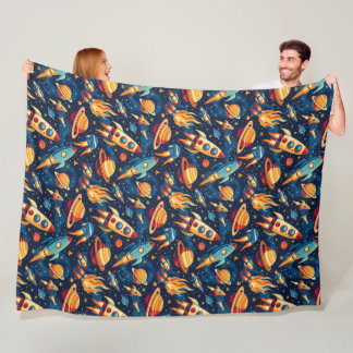 Children's Rocket Ship Pattern with Planets Fleece Blanket