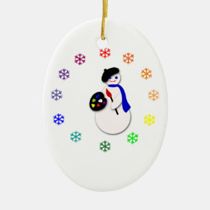 Childrens Snowman Artist w Snowflake Colorwheel Ceramic Tree Decoration