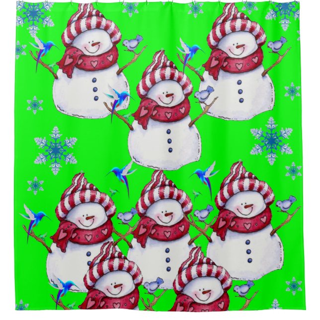 Children's snowman shower curtain red white green (Front)
