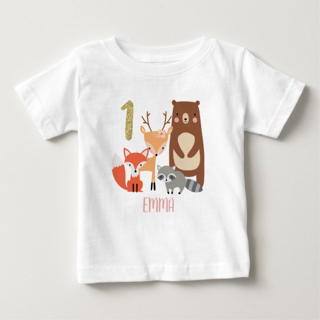 Children's Woodland Personalized 1st Birthday Baby T-Shirt (Front)
