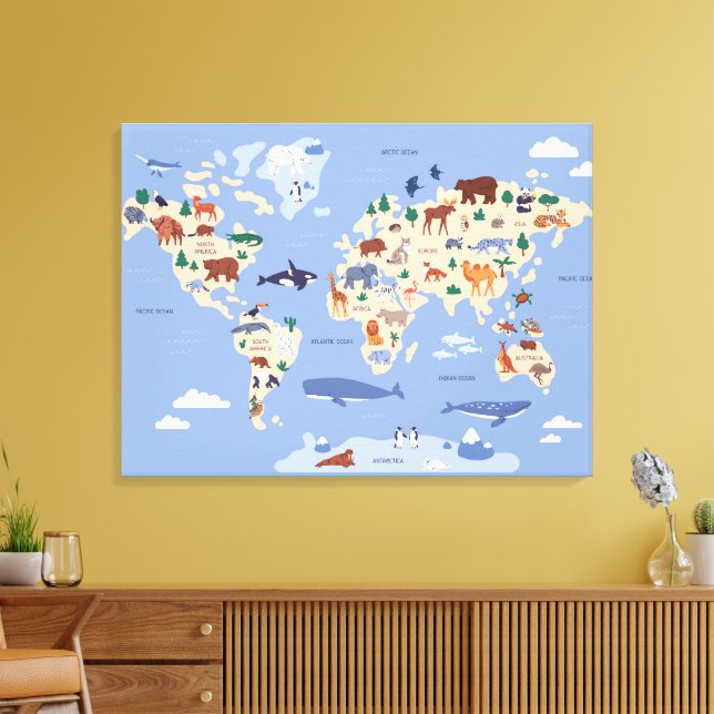 children's world map with animals canvas print (Insitu(LivingRoom))