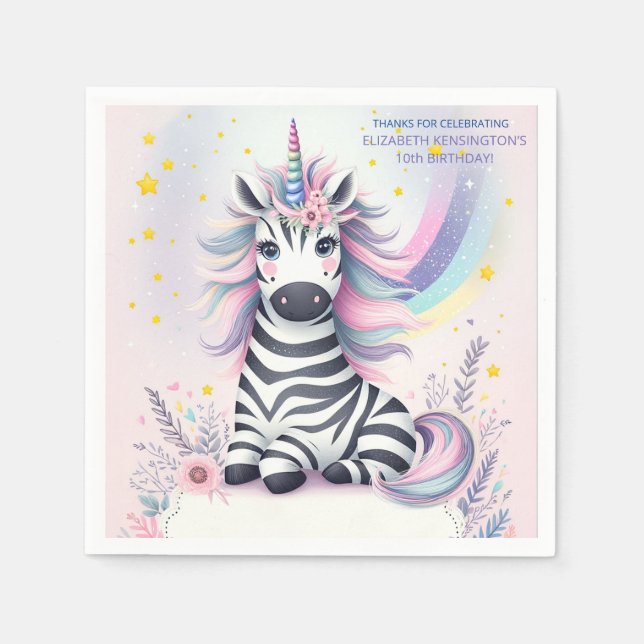Children's Zebra Unicorn Rainbow Birthday Party Napkin (Front)