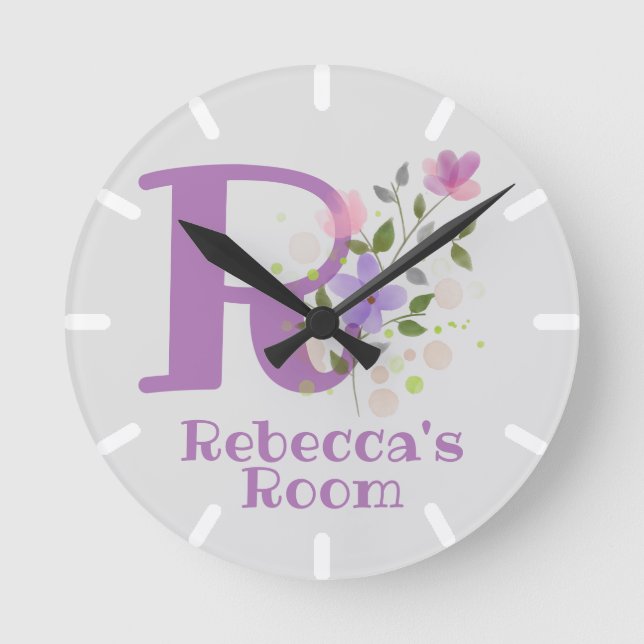 Childs Bedroom Clock with Name Rebecca & Initial (Front)