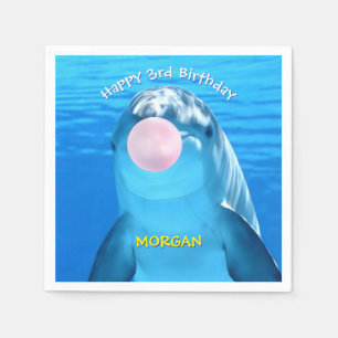 Child's Birthday Cute Dolphin Blowing Bubble, Name Napkin