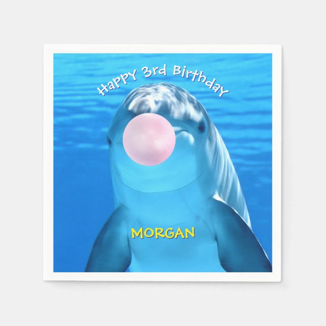 Child's Birthday Cute Dolphin Blowing Bubble, Name Napkin (Front)