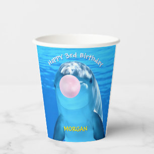 Child's Birthday Cute Dolphin Blowing Bubble, Name Paper Cups