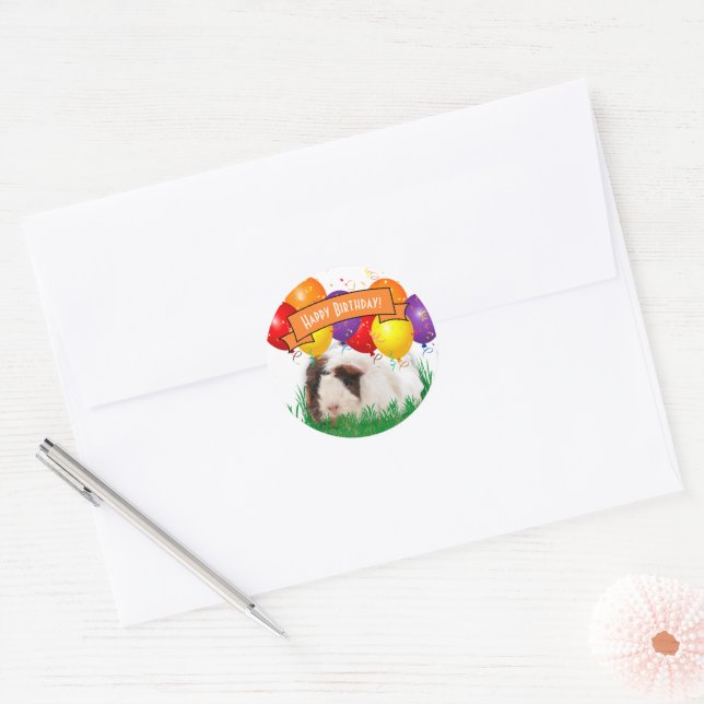 Child's Birthday Cute Guinea Pig Balloon Custom Classic Round Sticker (Envelope)