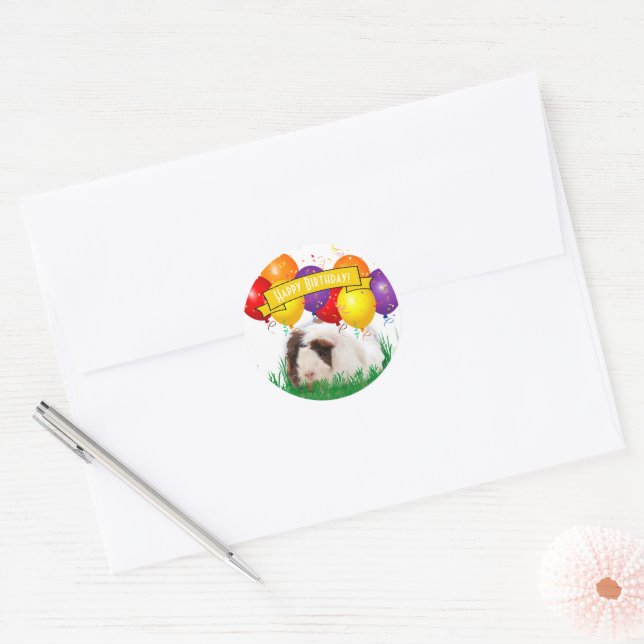 Child's Birthday Cute Guinea Pig Balloon Custom Classic Round Sticker (Envelope)
