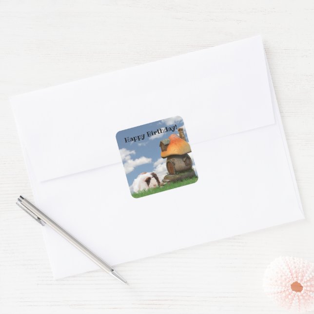 Child's Birthday Cute Guinea Pig Mushroom House Square Sticker (Envelope)