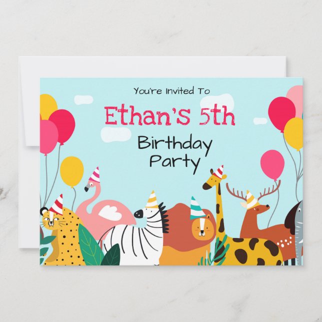 Child's Birthday Party Invitation Animals Balloons (Front)
