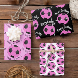 Child's Birthday Pink & Black Soccer Ball Wrapping Paper Sheet