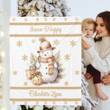 Child's Christmas Snowman Blanket With Name Gold