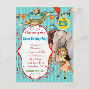 Child's Circus Elephant Peacock Giraffe Party Invitation Postcard