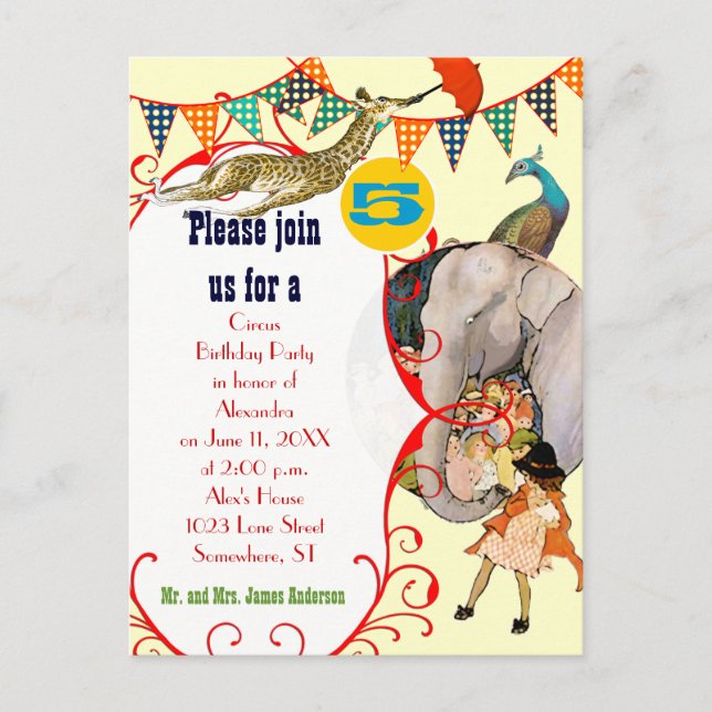 Child's Circus Elephant Peacock Giraffe Party Invitation Postcard (Front)
