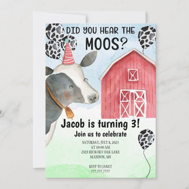 Child's Cow Birthday Invitation (Front)