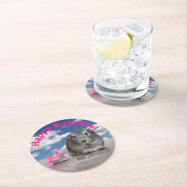 Child's Custom Birthday Party Guinea Pig Flowers Round Paper Coaster (Insitu)