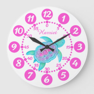 Child's cute turtle heart art pink white clock