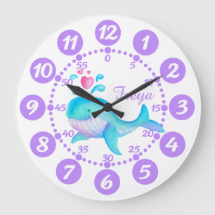 Child's cute whale spurting art purple white clock