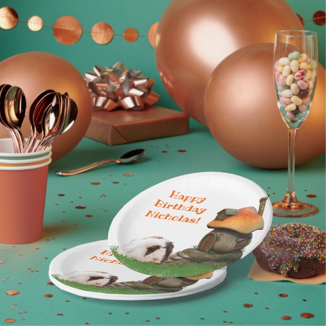Child's Happy Birthday Guinea Pig Mushroom House Paper Plate (Multi)