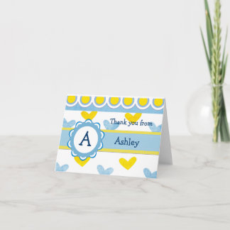 Child's Monogram and Hearts Thank You Card