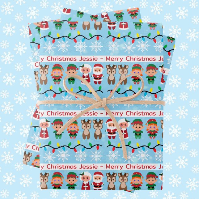 Childs' Name Cute Christmas Santa Reindeer Elves 3 Wrapping Paper Sheet (Creator Uploaded)
