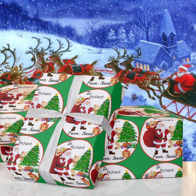Child's NAME From Santa Claus Christmas Tree Green Wrapping Paper (Creator Uploaded)