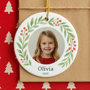 Child's Photo Holly Wreath Christmas 2025 Ceramic Tree Decoration