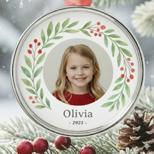 Child's Photo Holly Wreath Christmas 2025  Metal Tree Decoration