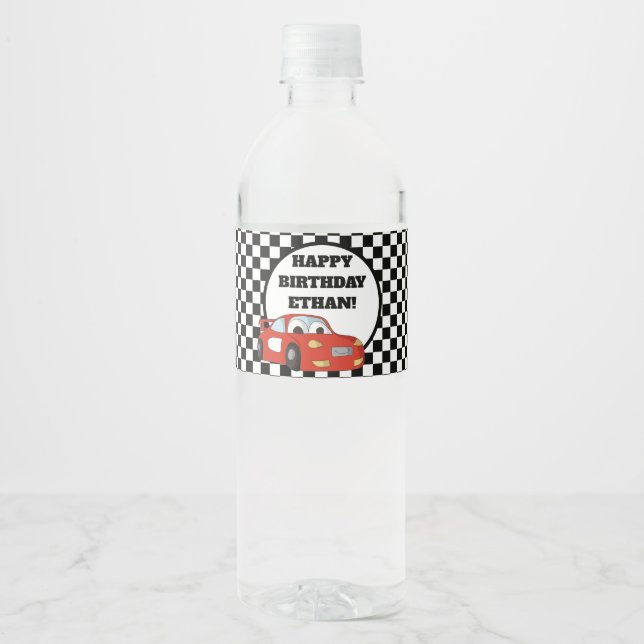 Child's Red Race Car Black White Birthday Party Water Bottle Label (Front)