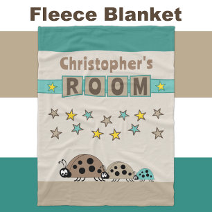 Child's room name stars ladybugs brown turquoise fleece blanket