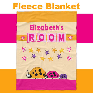 Child's room name stars ladybugs pink orange fleece blanket