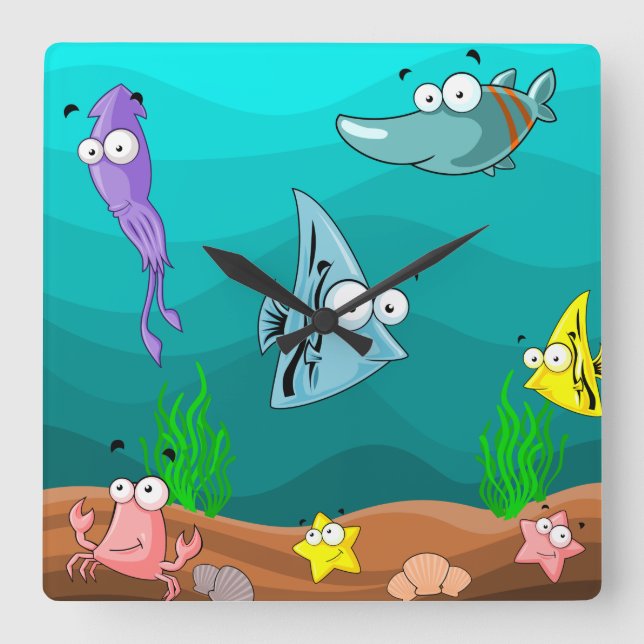 Child's Room or Nursery Cartoon Sea Life  Square Wall Clock (Front)