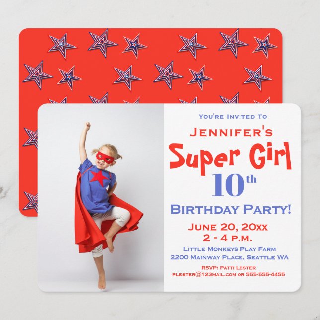 Child's Super Hero, Birthday Party Invitation, Red Invitation (Front/Back)