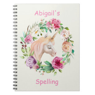 Child's Unicorn Pink Purple Flower Homeschool Notebook