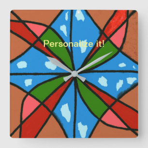 Child's windmill in red, pink, green, pink, blue square wall clock