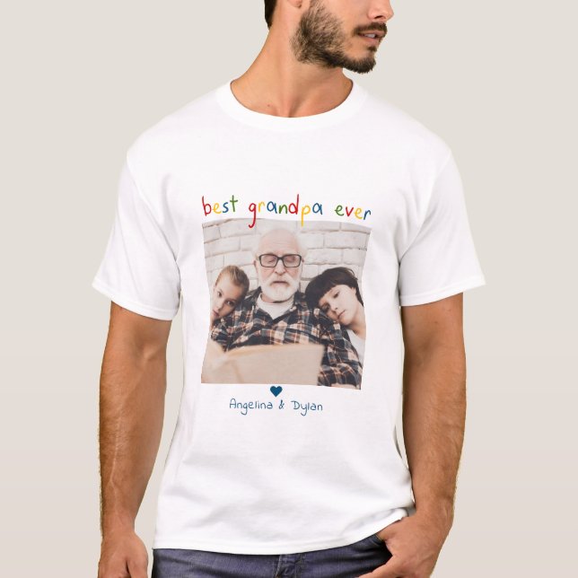 Child's Writing 'Best Grandpa Ever' Photo & Names T-Shirt (Front)