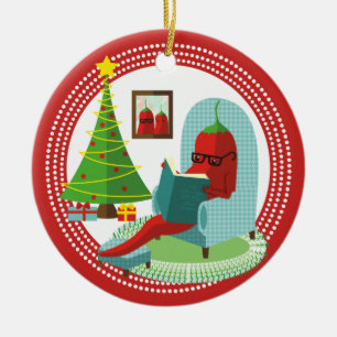 Chile chilli pepper reading book Christmas Ceramic Tree Decoration