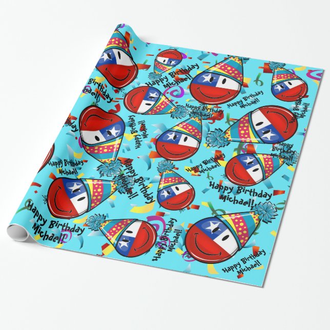 Chile Flag In a Party Hat | Customised Birthday Wrapping Paper (Unrolled)