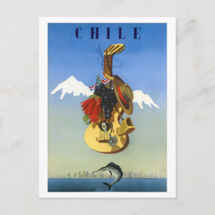 Chile. Guitar over water with swordfish, vintage Postcard