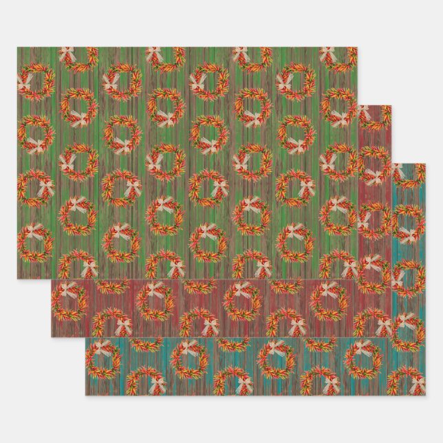 Chile Pepper Wreaths on Rustic Wood Pattern  Wrapping Paper Sheet (Set)