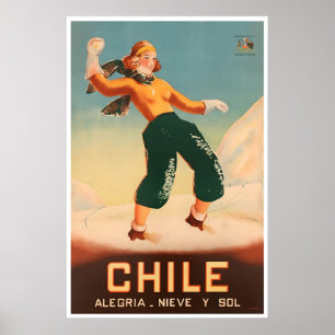 Chile Ski Poster Chilean Travel Art Happiness Snow