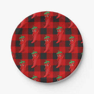 Chili Pepper Buffalo Plaid Pattern Black and Red  Paper Plate