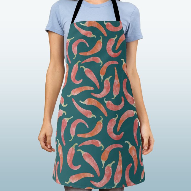 Chili Pepper Red Teal Green Watercolor Art Apron (Fun watercolor red chili pepper hot and spicy art apron)