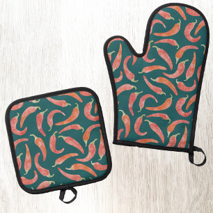 Chili Pepper Red Teal Green Watercolor Art Oven Mitt & Pot Holder Set