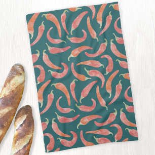 Chili Pepper Red Teal Green Watercolor Art Tea Towel