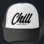 Chill and grill funny BBQ party trucker hat<br><div class="desc">Chill and grill funny BBQ party trucker hat. Custom black and white baseball cap for summer, beach, casual wear, sports, travel, golf and more. Stylish hand lettering design for men and women. Available in other cool colours too. Add your own humourous text optionally. Fun Birthday gift idea for dad, husband,...</div>