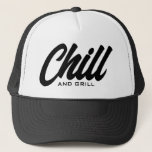 Chill and grill funny BBQ party trucker hat<br><div class="desc">Chill and grill funny BBQ party trucker hat. Custom black and white baseball cap for summer, beach, casual wear, sports, travel, golf and more. Stylish hand lettering design for men and women. Available in other cool colours too. Add your own humourous text optionally. Fun Birthday gift idea for dad, husband,...</div>